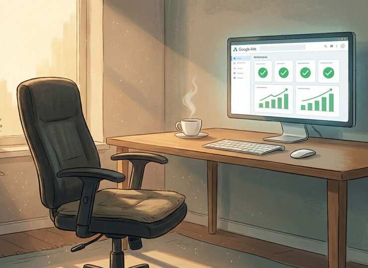 Empty office chair in front of a Google Ads dashboard showing all green metrics, coffee still steaming, no one sitting — illustrating ecommerce agency work being automated
