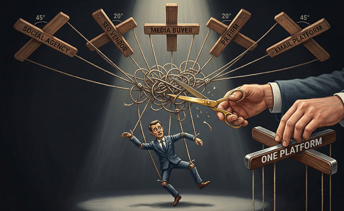 Five tangled puppet control bars labelled with marketing channels all pulling one campaign in different directions, while hands cut the strings to replace them with a single bar