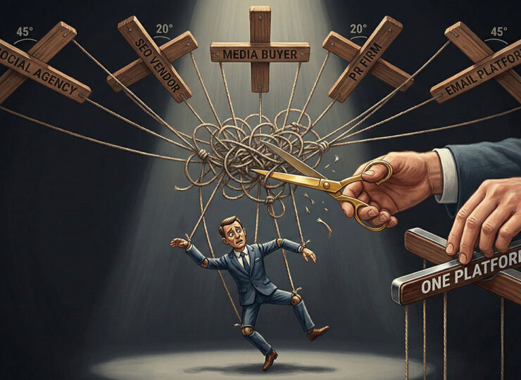 Five tangled puppet control bars labelled with marketing channels all pulling one campaign in different directions, while hands cut the strings to replace them with a single bar