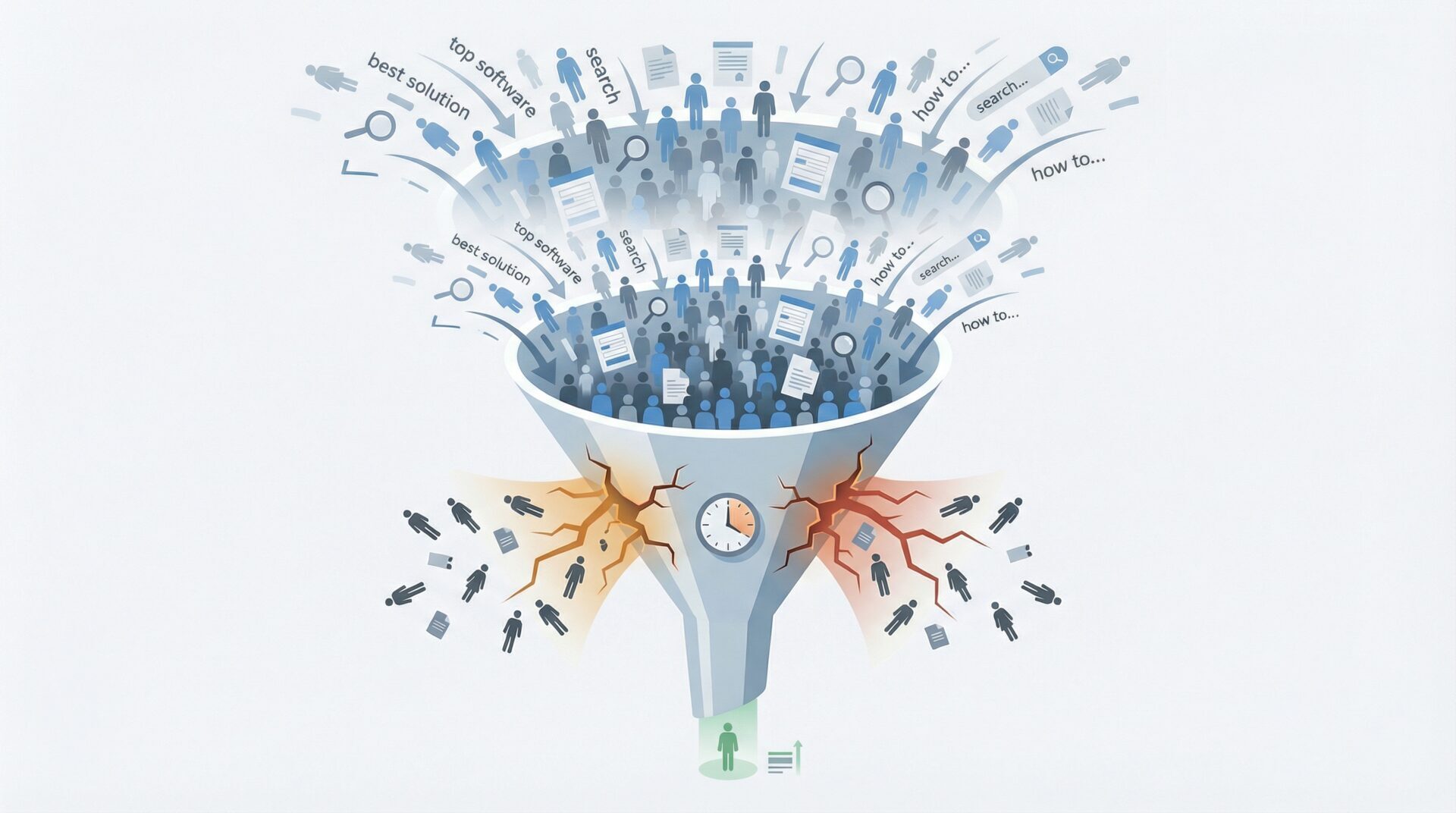 Illustration of a sales funnel overflowing with leads at the top while cracking at the midpoint, with figures falling through the gaps — representing 223 leads lost to slow response times despite a 20% increase in volume.