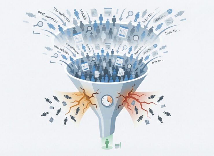 Illustration of a sales funnel overflowing with leads at the top while cracking at the midpoint, with figures falling through the gaps — representing 223 leads lost to slow response times despite a 20% increase in volume.