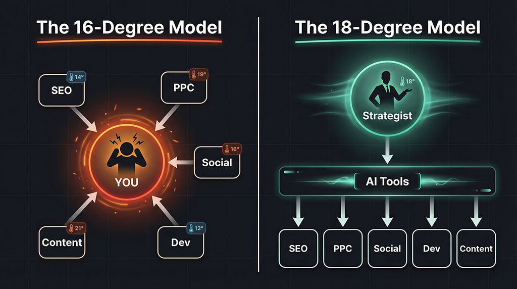 Comparison diagram. Left: five specialists each with their own thermostat set to different temperatures, all connected to one stressed business owner. Right: one strategist as a single thermostat directing AI-powered tools in alignment. Fragmented chaos versus calibrated system.