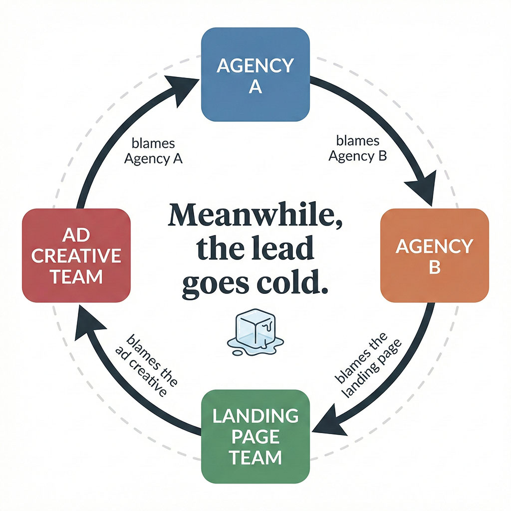 Circular diagram showing four agencies blaming each other in a loop — ads blames social, social blames the landing page, landing page blames creative, creative blames ads — while the lead goes cold in the centre.