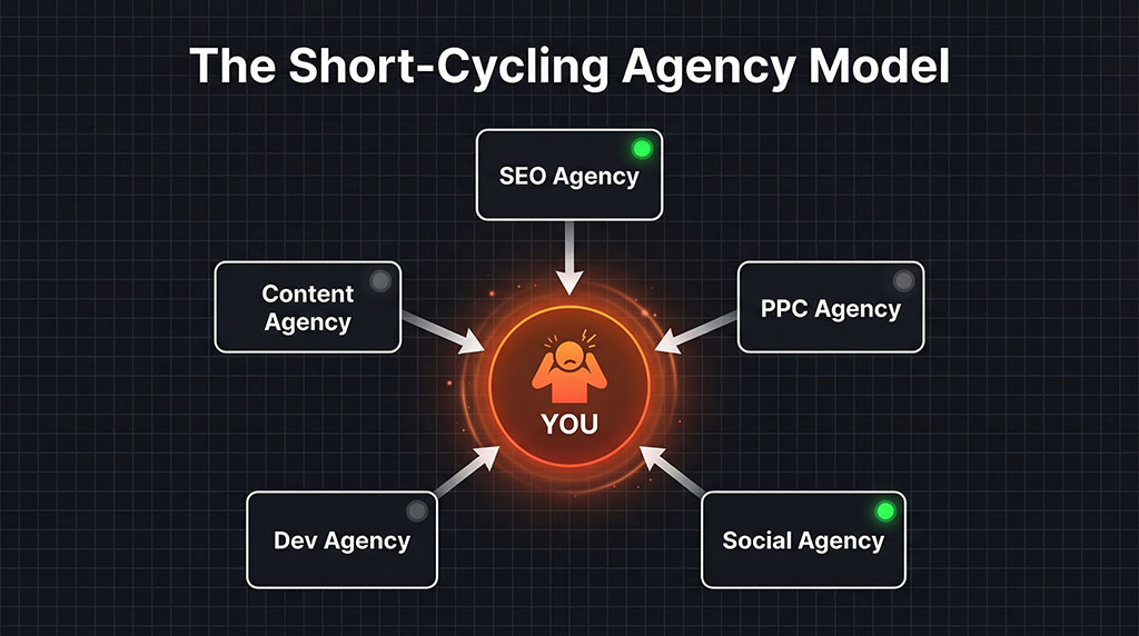 Process diagram showing five disconnected agencies each running intermittently, all routed through a single business owner as the only connection point. No agency communicates with another — the owner carries all coordination overhead.
