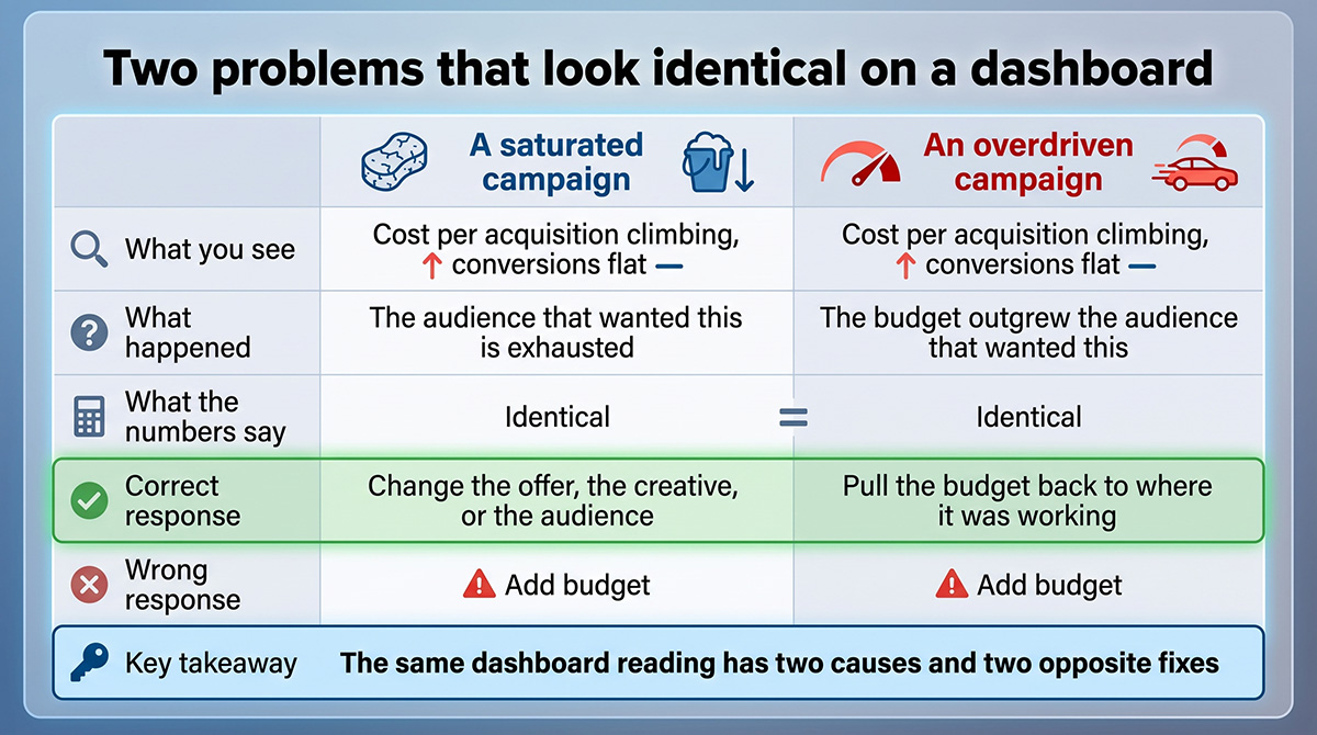 Comparison table showing a saturated campaign and an overdriven campaign produce identical dashboard readings but require opposite responses.