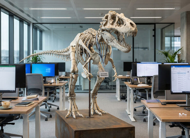 Photorealistic museum-quality dinosaur skeleton standing in a modern open-plan office, wearing a corporate lanyard with ID badge, surrounded by standing desks and computer monitors, natural overcast window lighting, dry documentary style, no people present, 16:9 aspect ratio, cinematic, shot on medium format camera