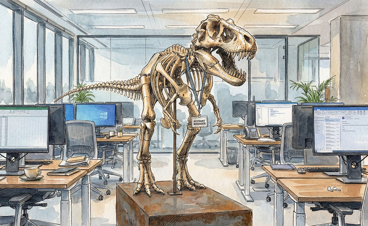 Photorealistic museum-quality dinosaur skeleton standing in a modern open-plan office, wearing a corporate lanyard with ID badge, surrounded by standing desks and computer monitors, natural overcast window lighting, dry documentary style, no people present, 16:9 aspect ratio, cinematic, shot on medium format camera