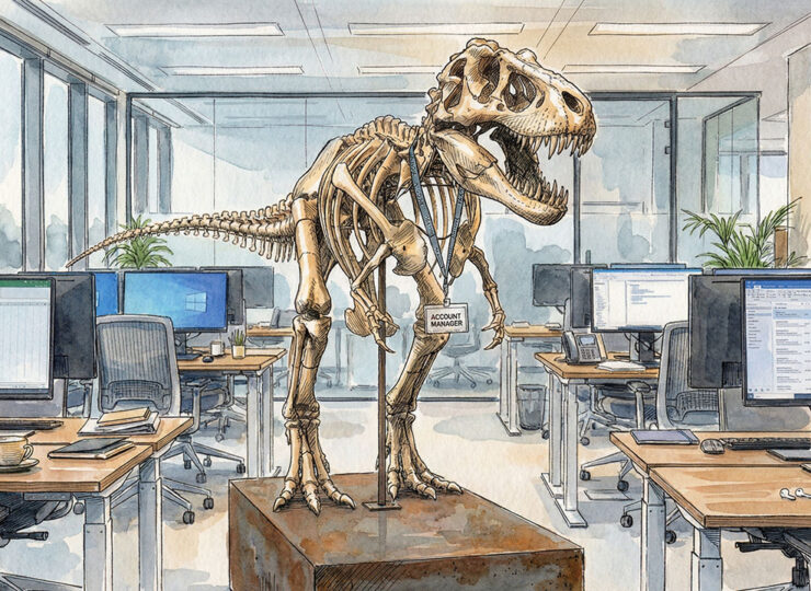 Photorealistic museum-quality dinosaur skeleton standing in a modern open-plan office, wearing a corporate lanyard with ID badge, surrounded by standing desks and computer monitors, natural overcast window lighting, dry documentary style, no people present, 16:9 aspect ratio, cinematic, shot on medium format camera