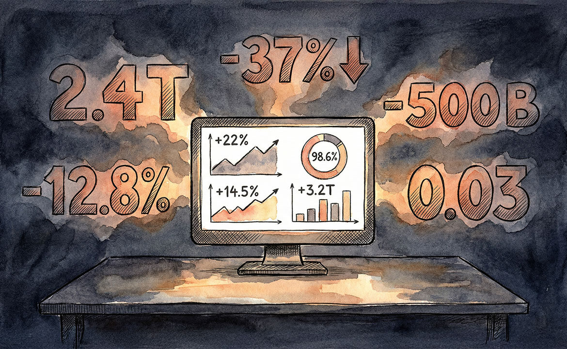 Illustration of a marketing dashboard showing green performance metrics, with the screen occupying only 40% of the frame while the remaining 60% fades into darkness, suggesting the majority of advertising value exists beyond what the dashboard can measure.