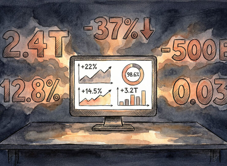 Illustration of a marketing dashboard showing green performance metrics, with the screen occupying only 40% of the frame while the remaining 60% fades into darkness, suggesting the majority of advertising value exists beyond what the dashboard can measure.