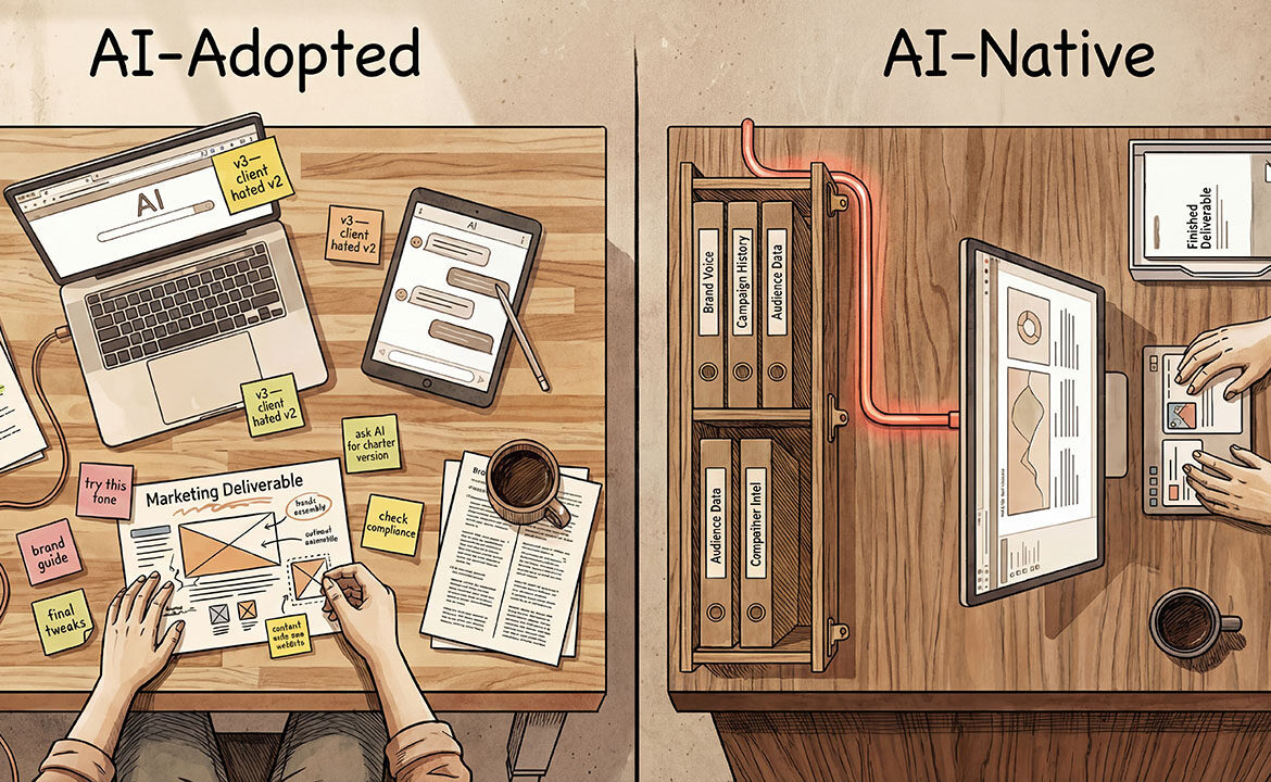 Bird's-eye illustration of two workbenches side by side — left bench cluttered with disconnected AI tools surrounding manual work, right bench with organised knowledge system flowing through an integrated workflow to a finished deliverable