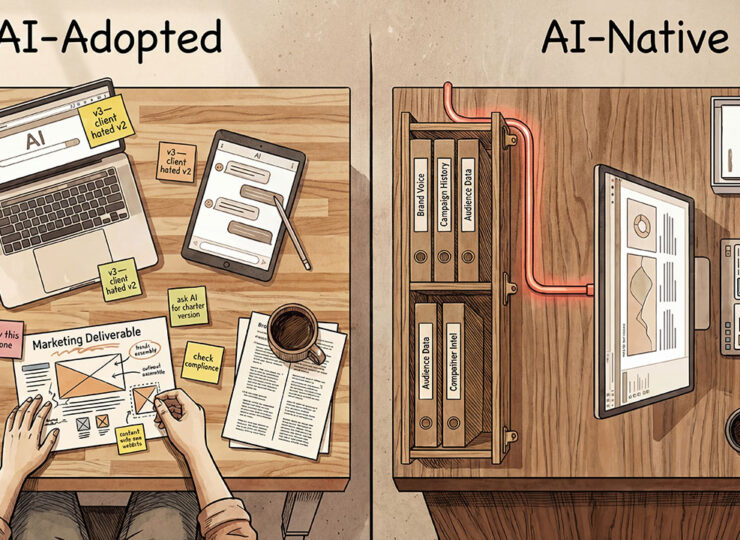 Bird's-eye illustration of two workbenches side by side — left bench cluttered with disconnected AI tools surrounding manual work, right bench with organised knowledge system flowing through an integrated workflow to a finished deliverable