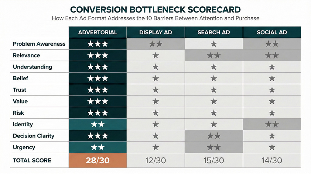 Heatmap grid comparing how four ad formats — advertorials, display, search, and social ads — perform against ten conversion bottlenecks, showing advertorials score highest on seven of ten while other formats address only one or two effectively