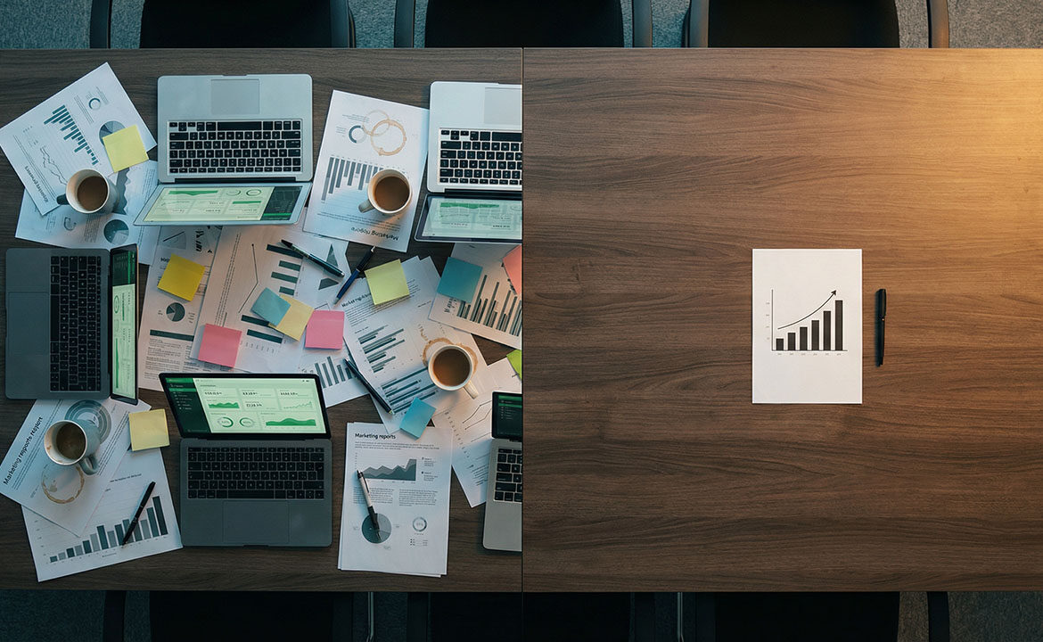 Overhead conference table split between scattered marketing reports and dashboards on the left and a single clean revenue chart on the right — representing the difference between content activity and content that drives sales.