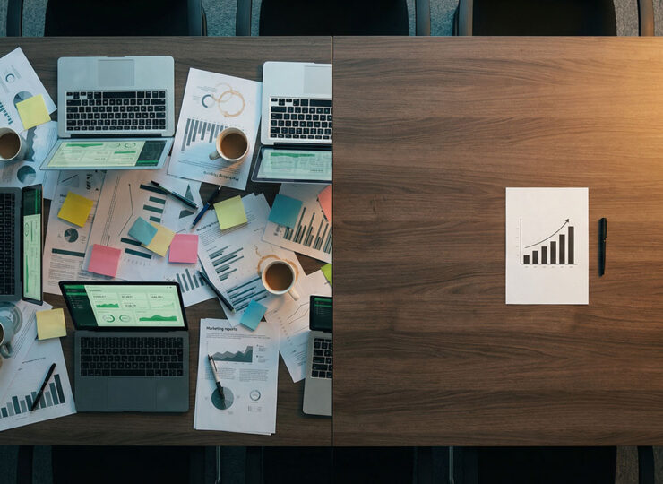 Overhead conference table split between scattered marketing reports and dashboards on the left and a single clean revenue chart on the right — representing the difference between content activity and content that drives sales.