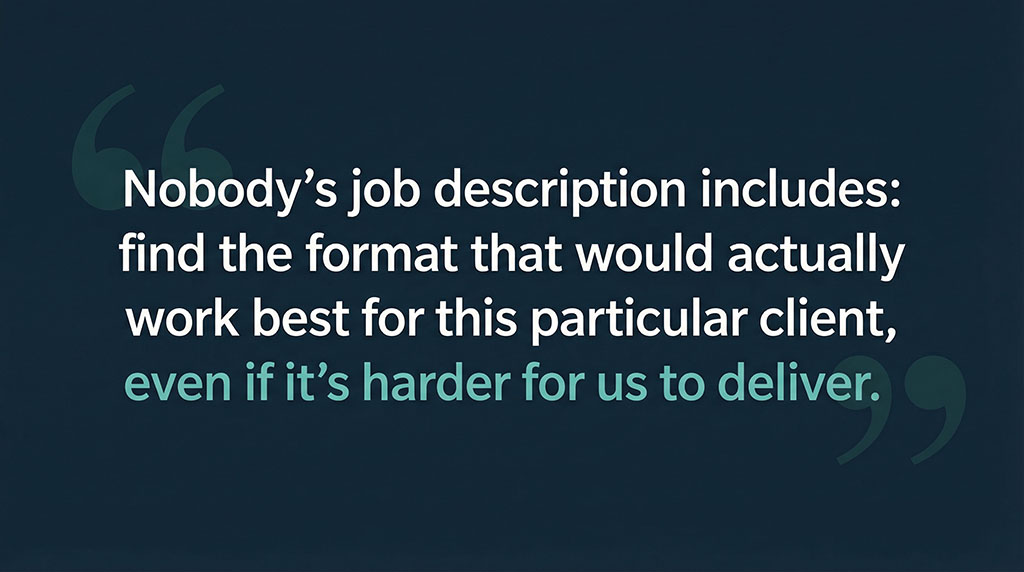 Pull quote card reading: Nobody's job description includes find the format that would actually work best for this particular client even if it's harder for us to deliver