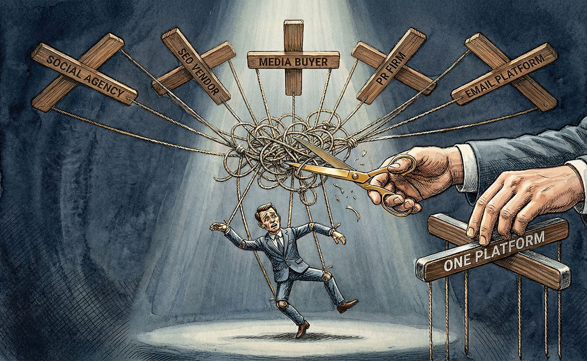 Five tangled puppet control bars labelled with marketing channels all pulling one campaign in different directions, while hands cut the strings to replace them with a single bar