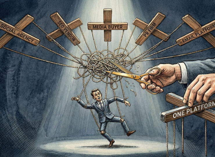 Five tangled puppet control bars labelled with marketing channels all pulling one campaign in different directions, while hands cut the strings to replace them with a single bar