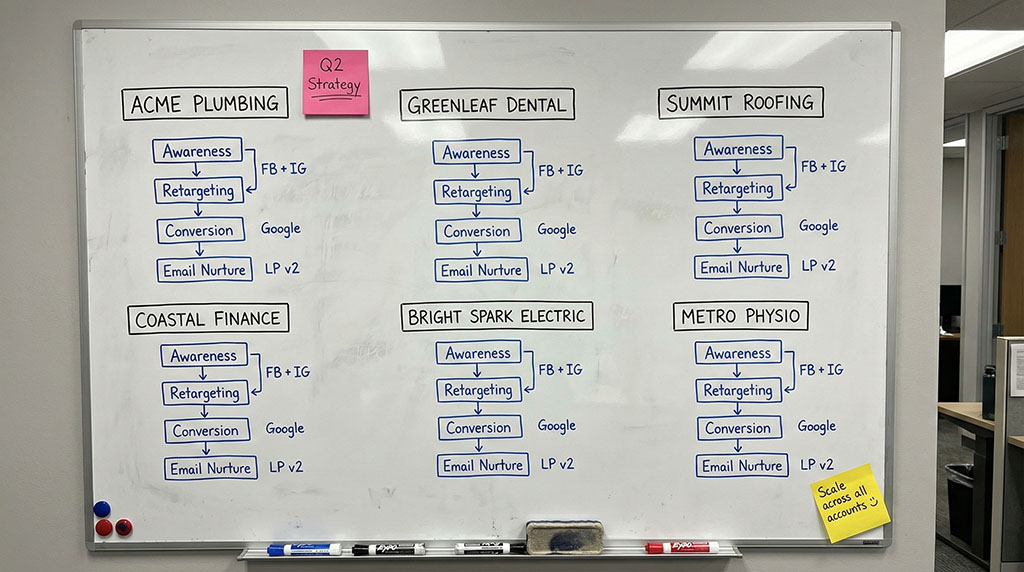 Illustration of an agency whiteboard showing identical campaign flowcharts repeated for multiple clients with only the company names changed, depicting templated strategy applied to every account