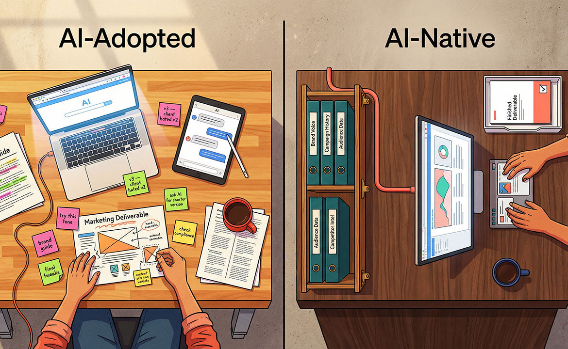Bird's-eye illustration of two workbenches side by side — left bench cluttered with disconnected AI tools surrounding manual work, right bench with organised knowledge system flowing through an integrated workflow to a finished deliverable