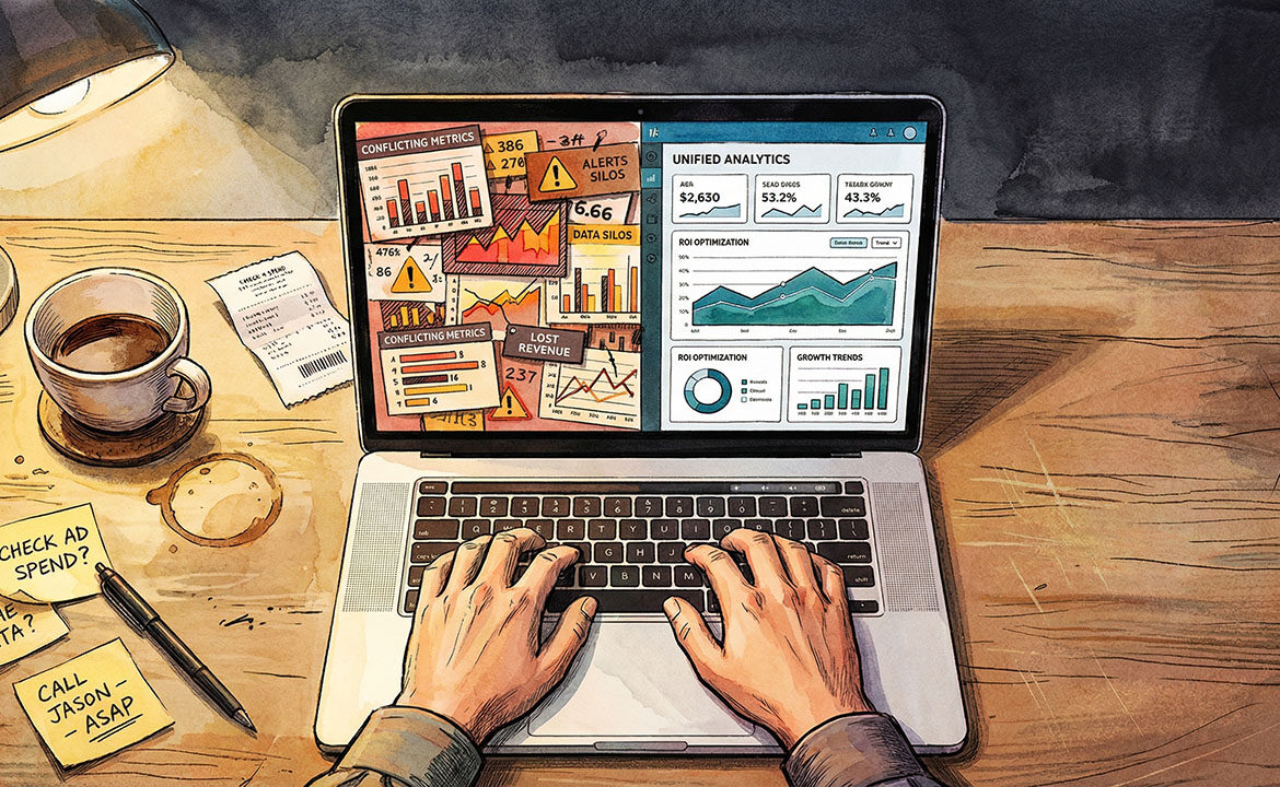 Split-screen laptop on a small business owner's desk — left side shows conflicting ad platform numbers, right side shows a unified analytics dashboard, representing the shift from fragmented measurement to AI-powered clarity.