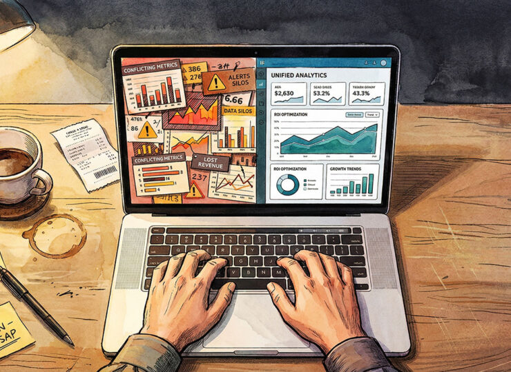 Split-screen laptop on a small business owner's desk — left side shows conflicting ad platform numbers, right side shows a unified analytics dashboard, representing the shift from fragmented measurement to AI-powered clarity.