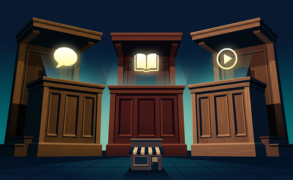 Three illustrated judge benches side by side, each with a different symbol above it — a speech bubble, an open book, and a play button — while a single small business stands before all three, representing how AI search platforms evaluate trustworthiness using completely different criteria.