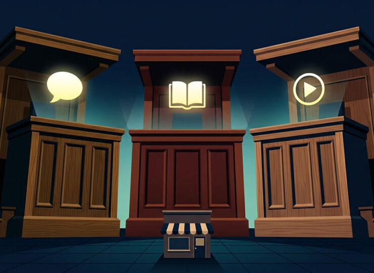 Three illustrated judge benches side by side, each with a different symbol above it — a speech bubble, an open book, and a play button — while a single small business stands before all three, representing how AI search platforms evaluate trustworthiness using completely different criteria.