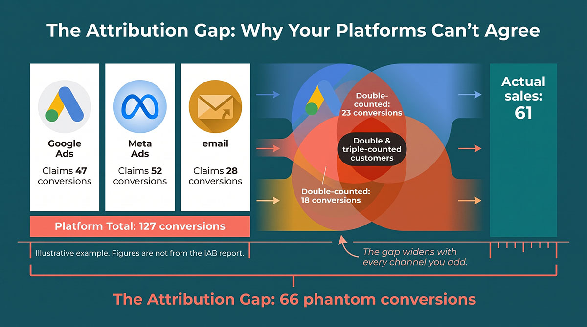 Illustrative diagram of double-counted conversions: Google Ads claims 47, Meta claims 52 and email claims 28, a platform total of 127 against 61 actual sales, leaving a 66-conversion attribution gap. Example figures, not IAB data.