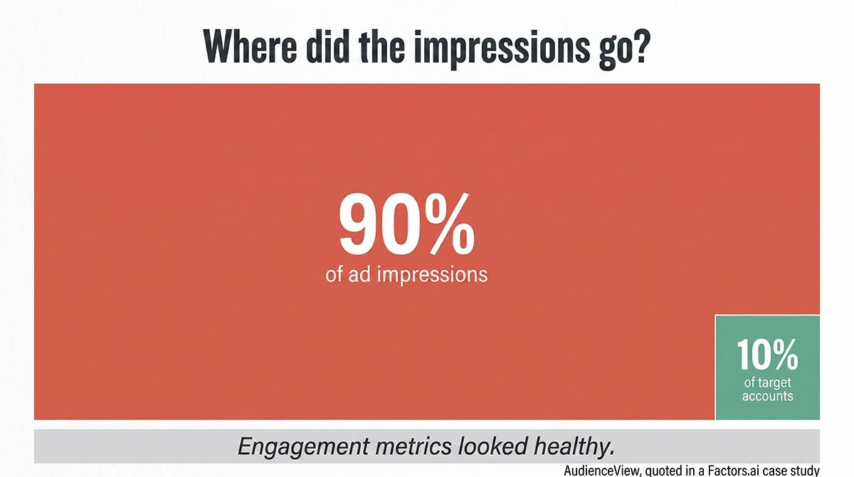 Bar chart showing that nearly 90% of AudienceView's LinkedIn ad impressions went to just 10% of its target accounts, as reported in a Factors.ai case study.