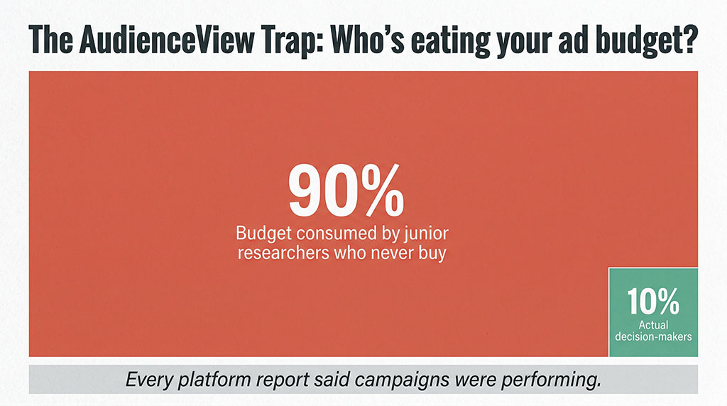 Diagram showing 90% of ad budget consumed by 10% of target accounts who never convert, illustrating how engagement metrics mask targeting failures