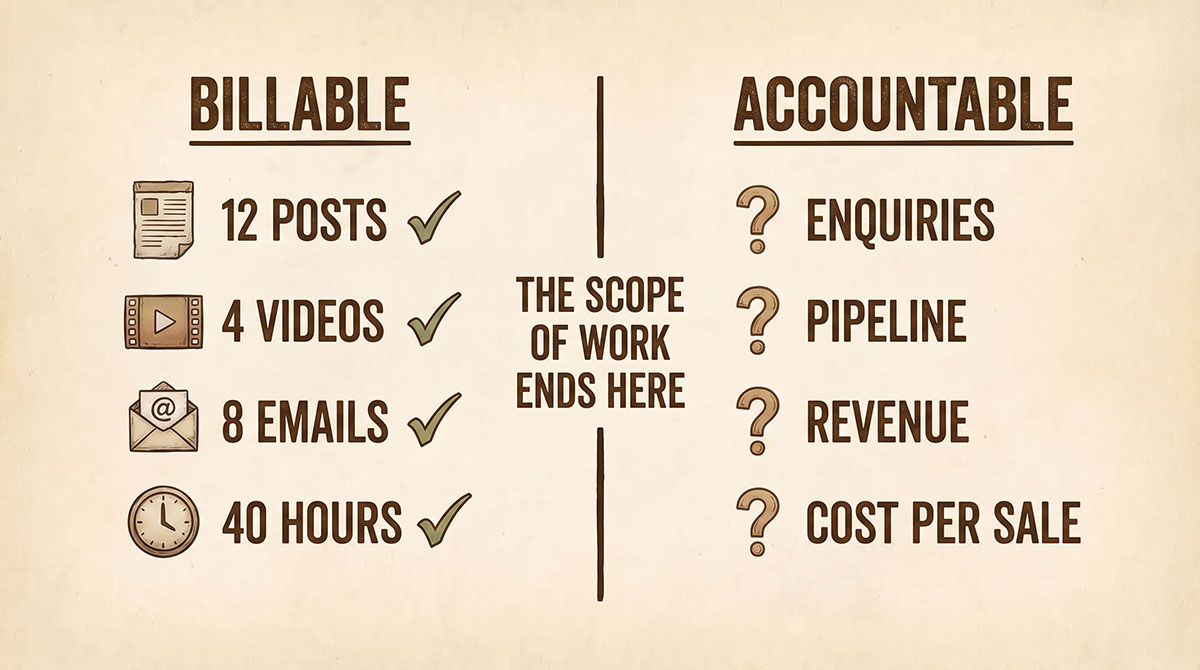 Two columns comparing billable marketing deliverables such as posts and videos against accountable outcomes such as enquiries and revenue, divided by a line marking where the scope of work ends.