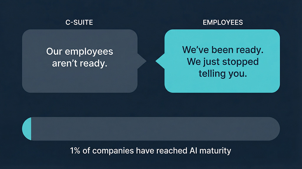 Contrasting speech bubbles showing C-suite blaming employee readiness while employees report being ready but hiding their AI use — with only 1% of companies reaching AI maturity.