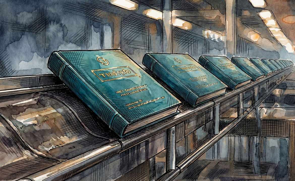 A conveyor belt carrying a row of marketing assets in different brand colors but identical layouts, stretching into soft focus, with a human hand reaching toward one of the cards from the edge of the frame.