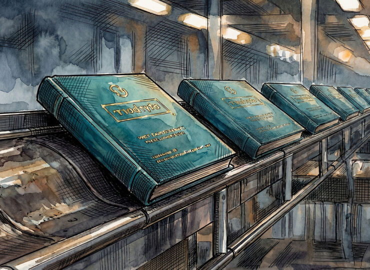 A conveyor belt carrying a row of marketing assets in different brand colors but identical layouts, stretching into soft focus, with a human hand reaching toward one of the cards from the edge of the frame.