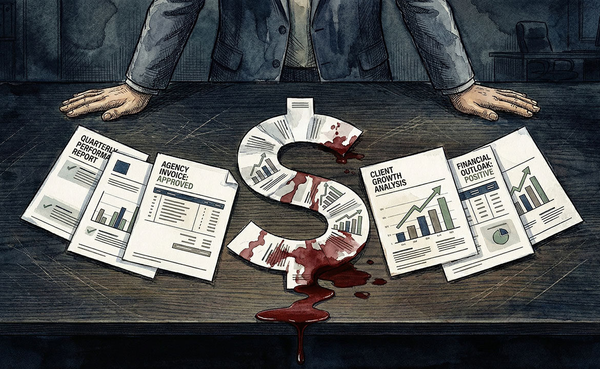 The B+ Trap illustrated — individual agency reports each showing positive metrics that hide the true cost of fragmented marketing when viewed together