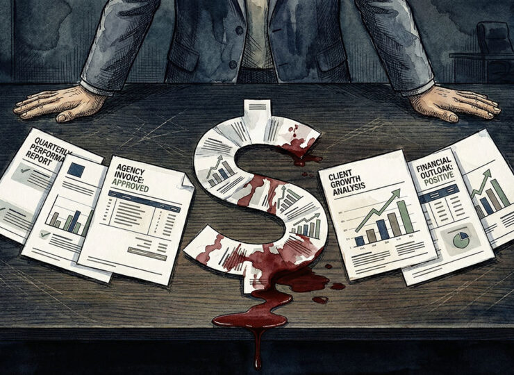 The B+ Trap illustrated — individual agency reports each showing positive metrics that hide the true cost of fragmented marketing when viewed together