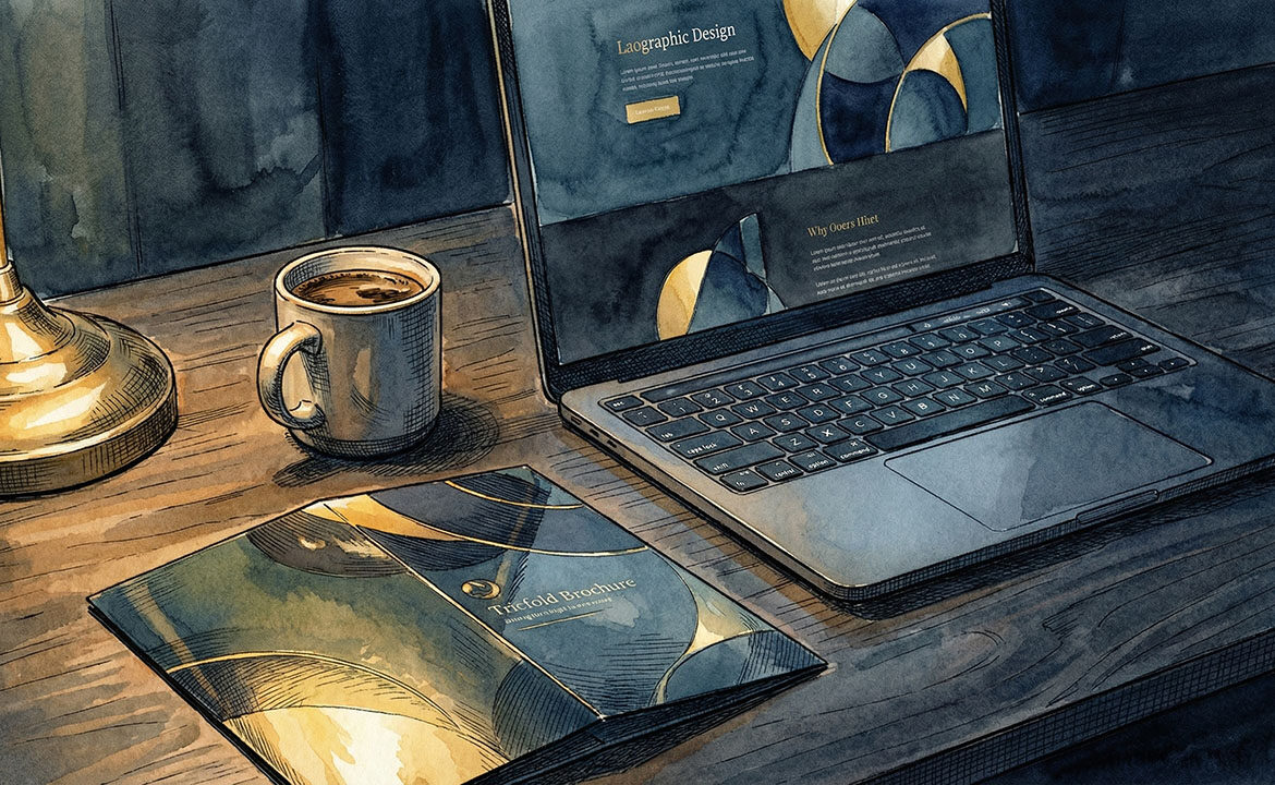 Open laptop showing a modern website beside an untouched glossy brochure on a dimly lit desk