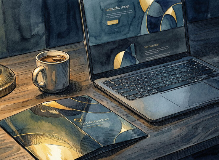 Open laptop showing a modern website beside an untouched glossy brochure on a dimly lit desk