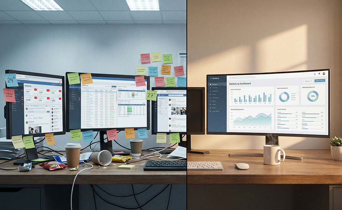 Split image comparing a chaotic multi-screen desk with notification overload to a clean single-screen workspace showing one unified marketing dashboard
