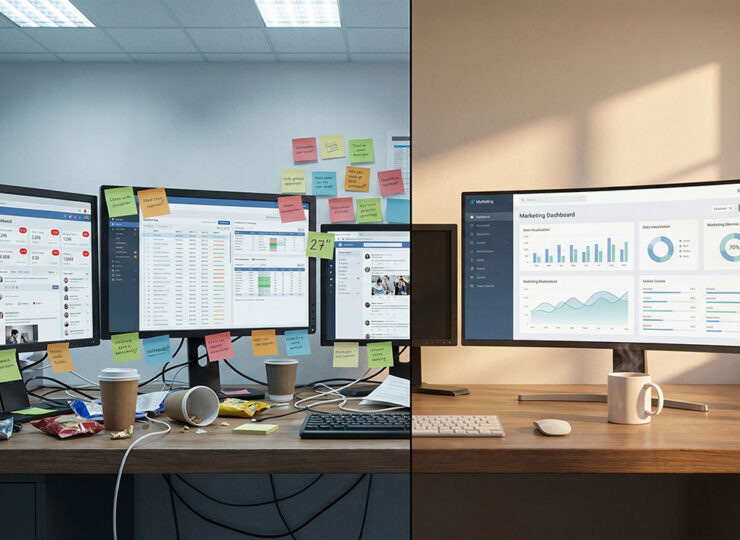 Split image comparing a chaotic multi-screen desk with notification overload to a clean single-screen workspace showing one unified marketing dashboard