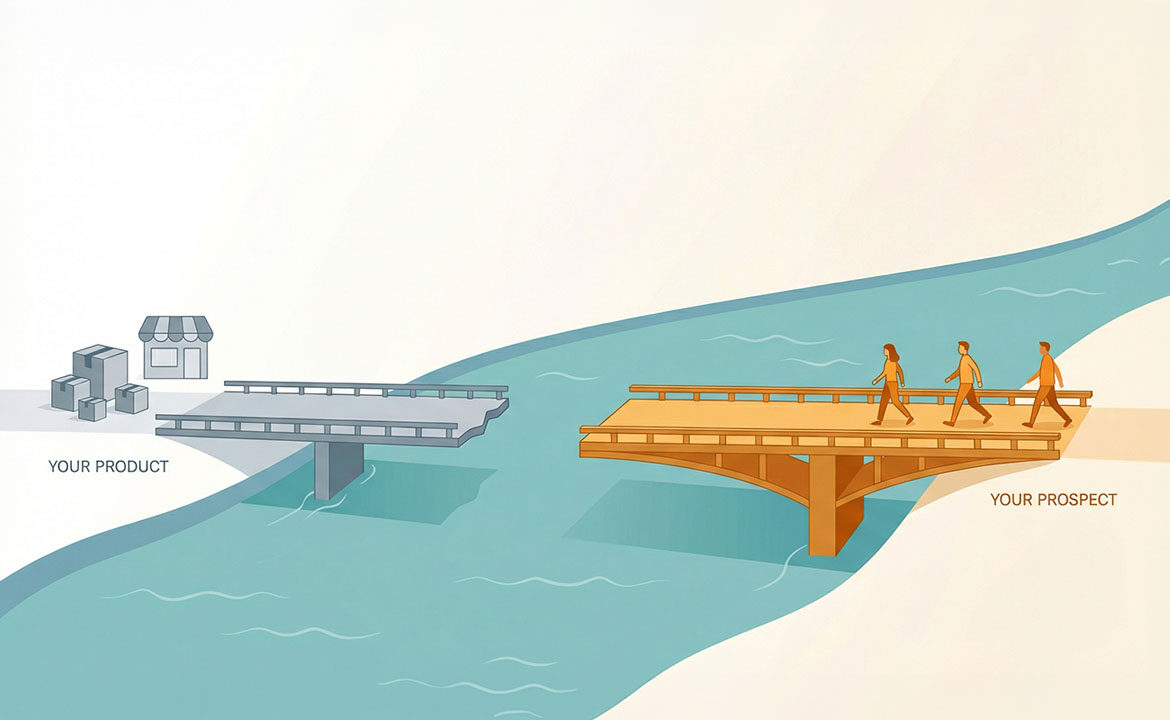Illustration of a river with two bridges: an incomplete bridge built from the product side that stops short, and a nearly complete bridge built from the prospect side with people actively crossing. The prospect-side bridge is visually stronger and more inviting.