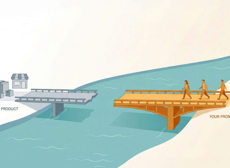 Illustration of a river with two bridges: an incomplete bridge built from the product side that stops short, and a nearly complete bridge built from the prospect side with people actively crossing. The prospect-side bridge is visually stronger and more inviting.