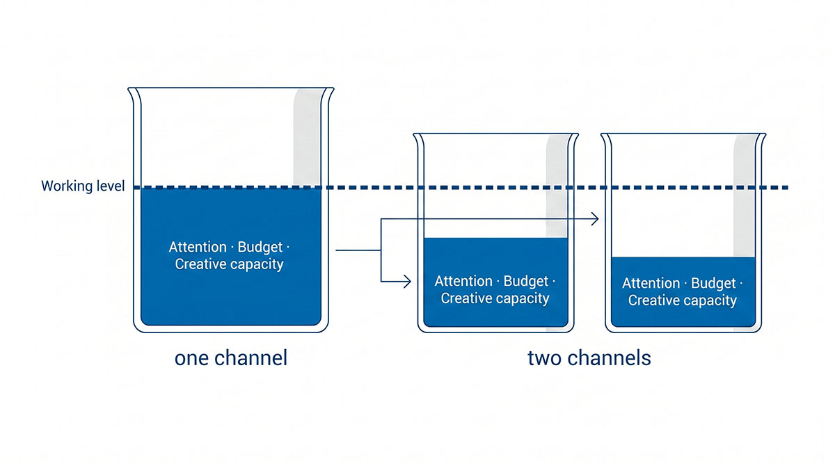 One full container versus the same volume split across two, both now below the marked working level.