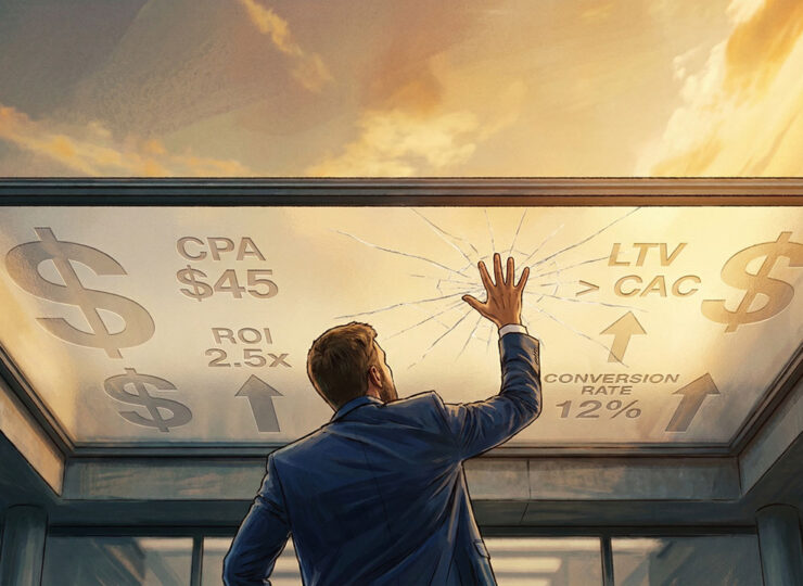 Business owner looking up at a glass ceiling marked with dollar signs — representing the self-imposed CPA limits that constrain growth