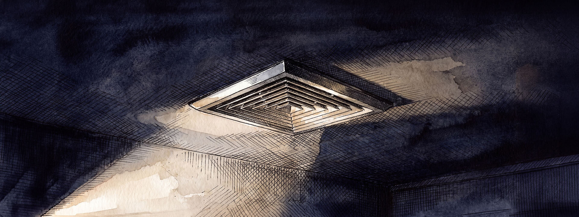 A single ceiling air vent in low raking light, louvres open, deep shadow around it.