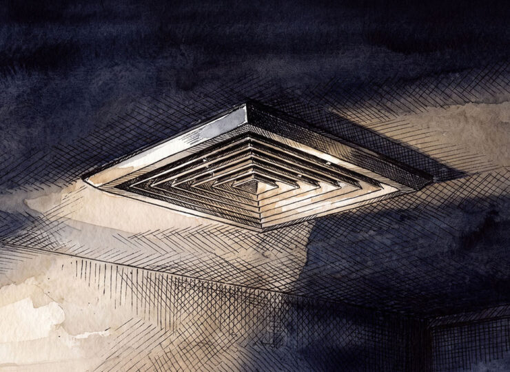A single ceiling air vent in low raking light, louvres open, deep shadow around it.