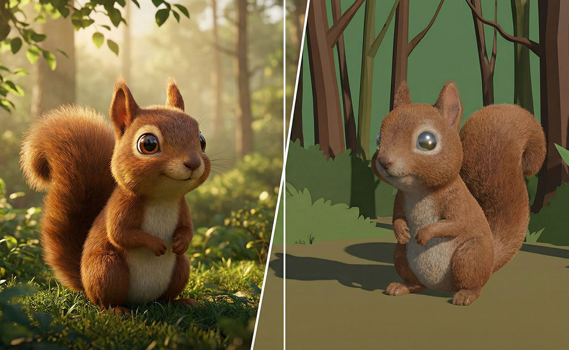Split comparison of two animated characters — one with high-quality rendering and one with visibly cheaper animation, illustrating the quality gap in AI marketing output