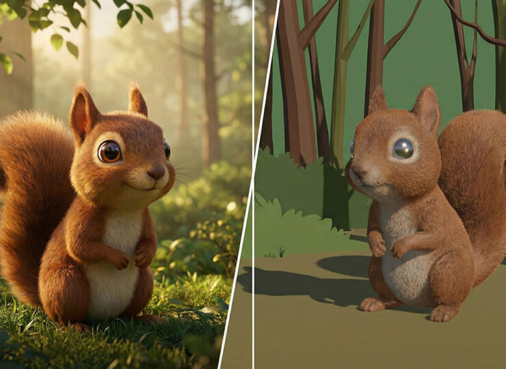 Split comparison of two animated characters — one with high-quality rendering and one with visibly cheaper animation, illustrating the quality gap in AI marketing output