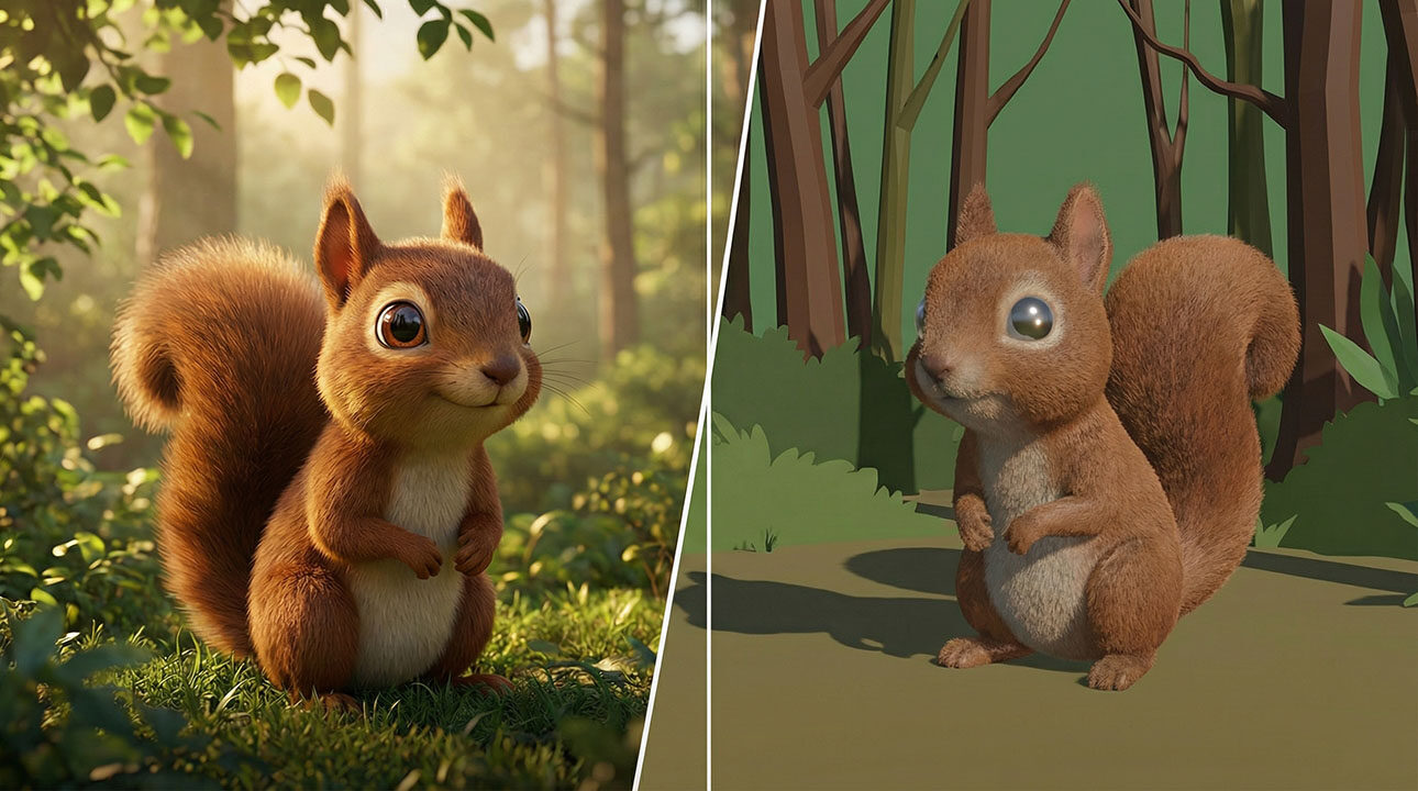 Split comparison of two animated characters — one with high-quality rendering and one with visibly cheaper animation, illustrating the quality gap in AI marketing output